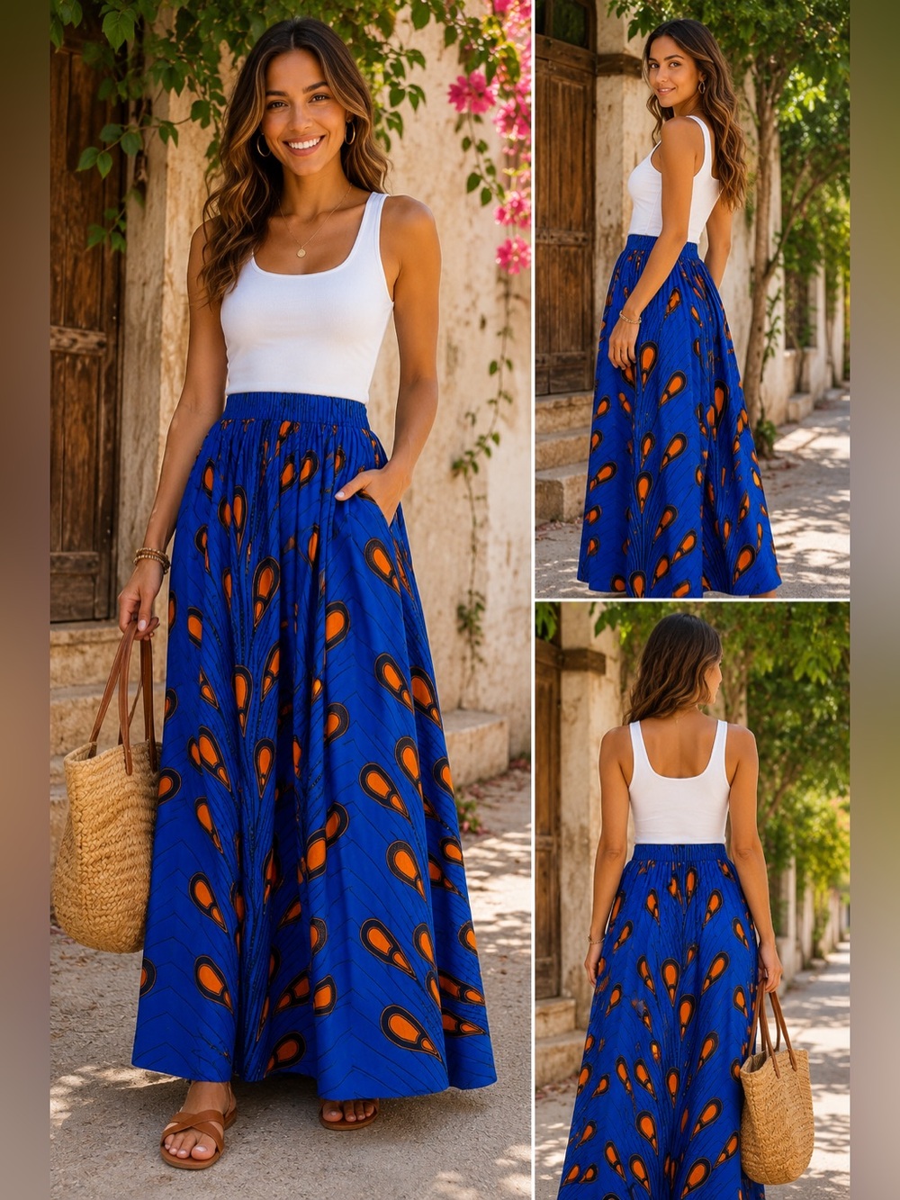 OFUUR Blue Orange African Print Maxi Skirt Size S/M Elastic Waist Boho Festival